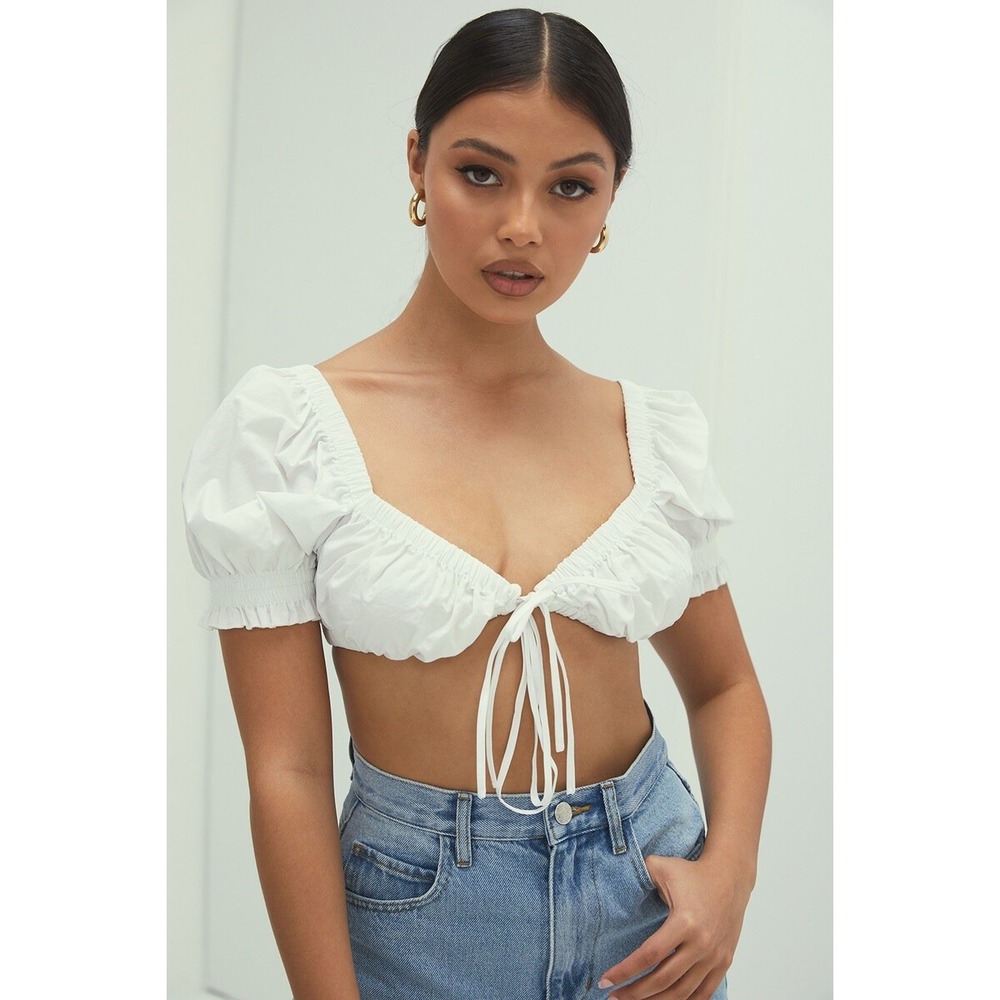 NEW W/TAGS MISTRESS ROCKS/House of CB White TIED UP Puff Sleeve Bralette XS